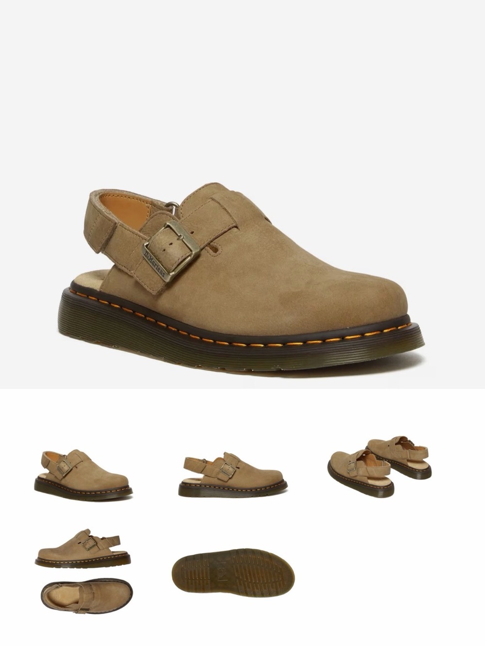 Dr. Martens Tan Suede Buckle Clog with Yellow Welt Stitching - Picture 2 of 4